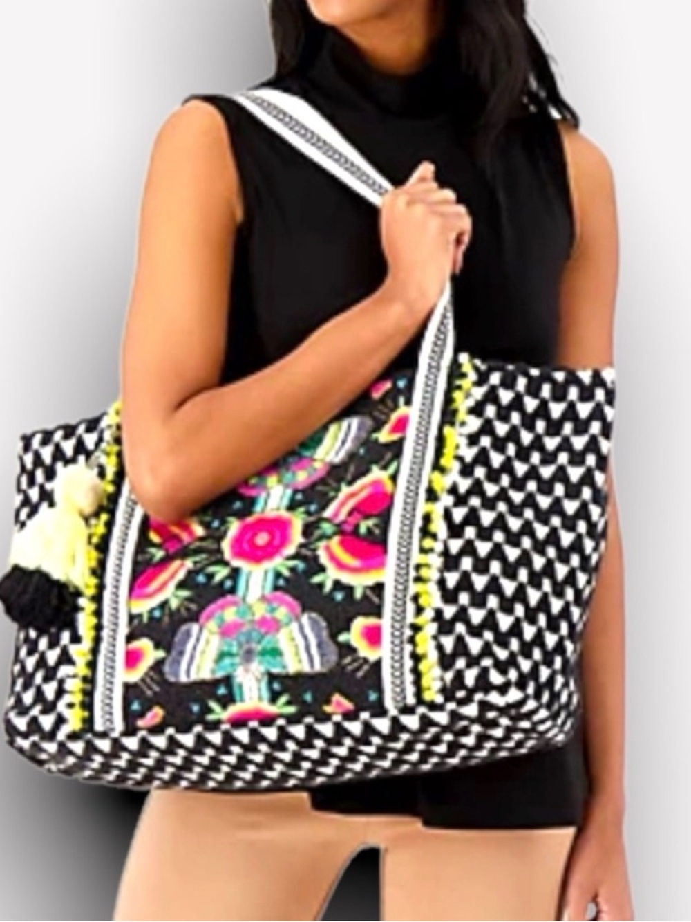 AMERICA & BEYOND Black Floral Embroidered Tote Bag with Neon Trim NEW